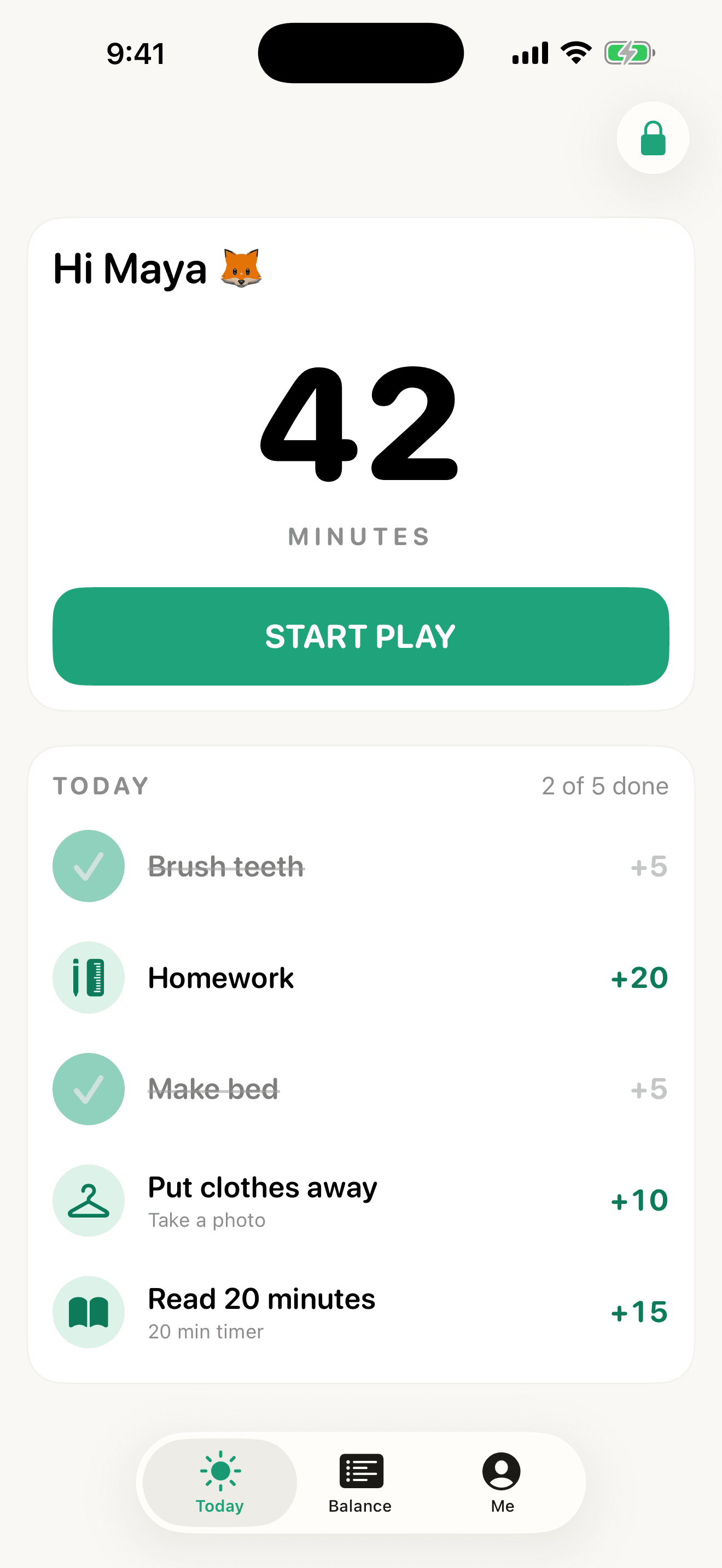 Child's Today screen showing a 42-minute balance, a Start Play button and today's tasks