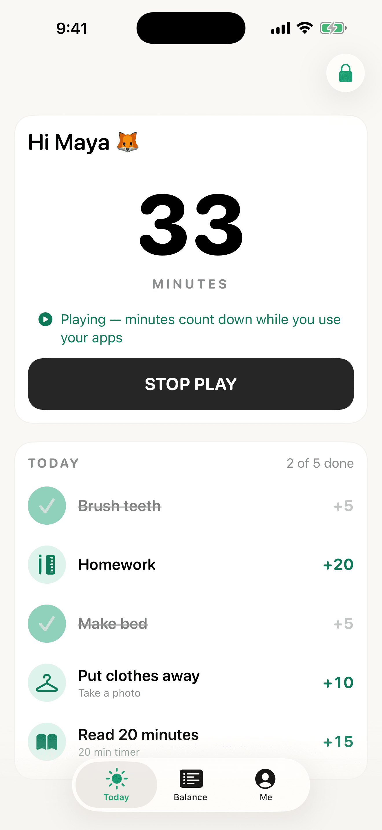 Playing state: minutes count down while chosen apps are in use, with a Stop Play button