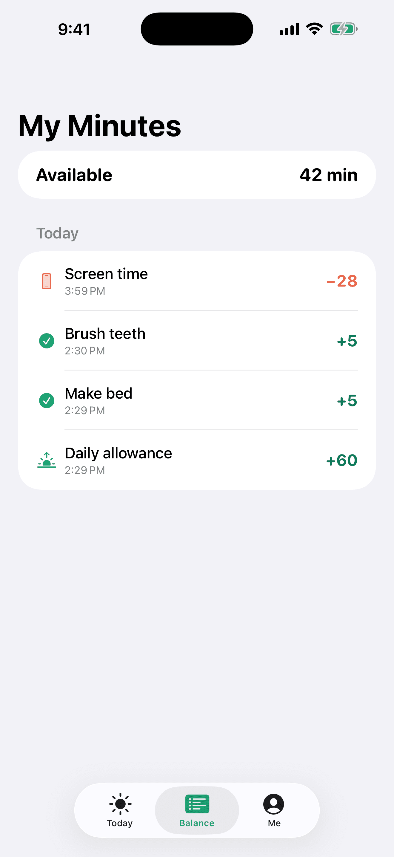 My Minutes ledger listing screen time spent, tasks earned and the daily allowance