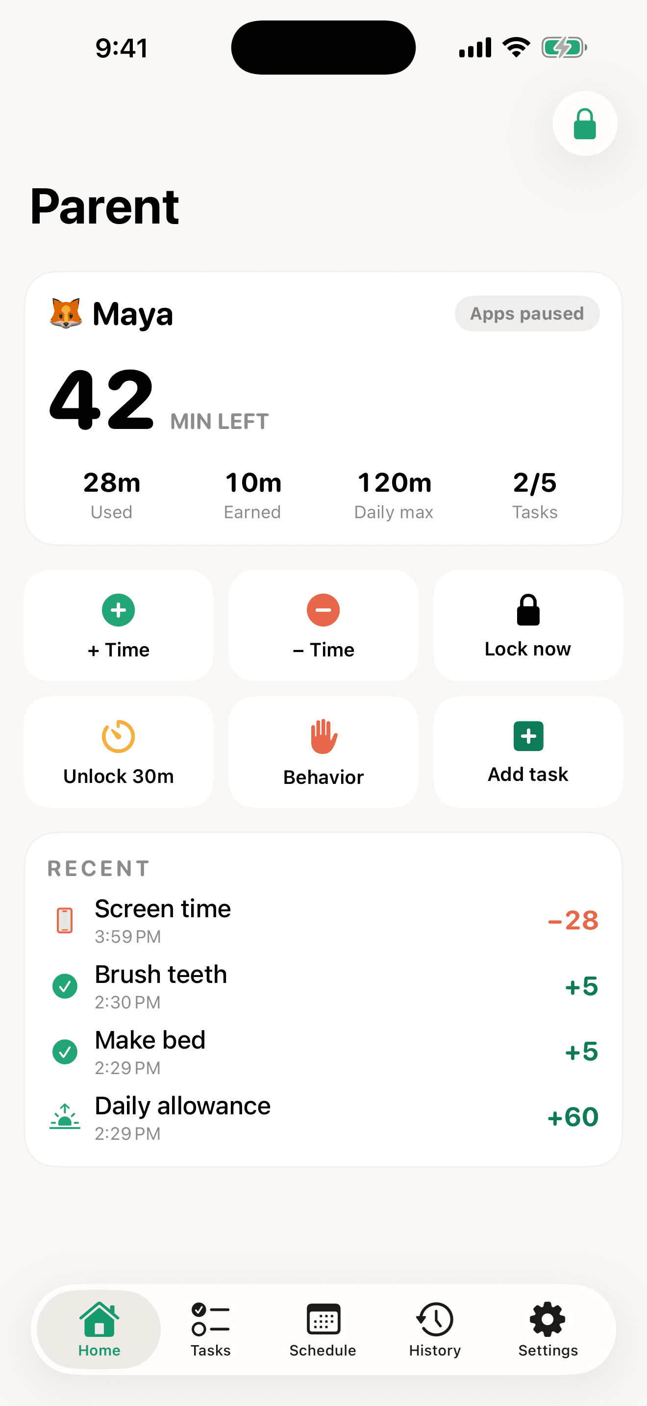 Parent dashboard with minutes left, add or remove time, lock now, behavior and recent activity