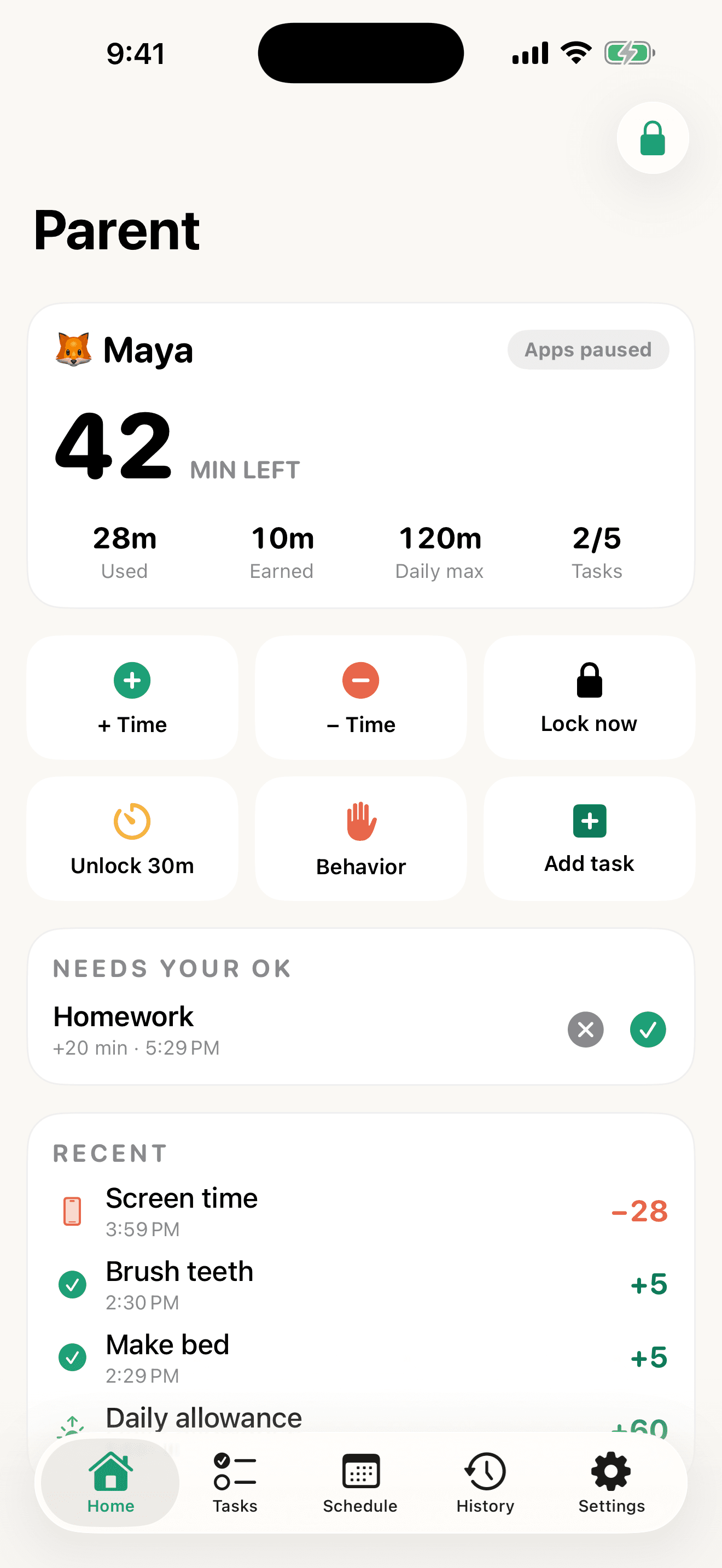 Parent dashboard with a homework task waiting for approval